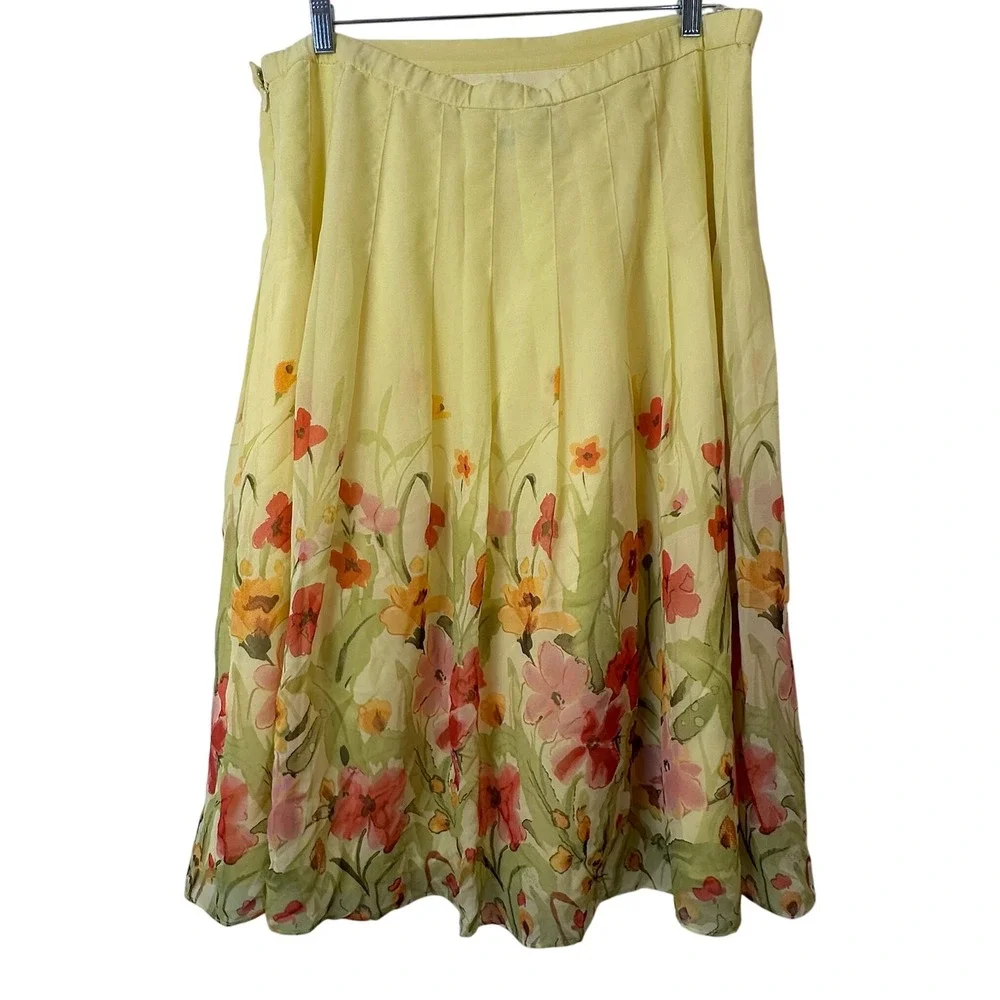 Coldwater Creek Yellow Floral Chiffon Pleated Midi Skirt XL Watercolor Print - Picture 2 of 8